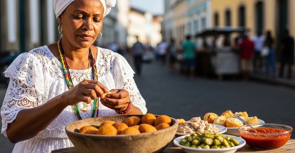 Mulher preparando comida típica baiana em feira ao ar livre no centro histórico de Prado