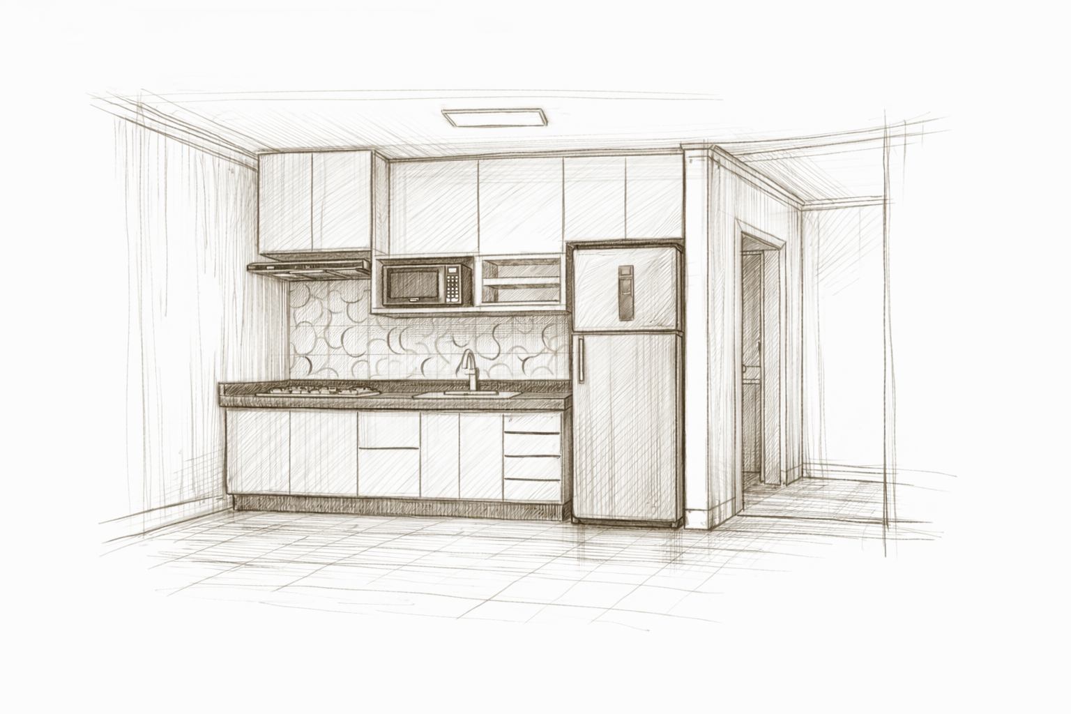 Sketch em lápis de sala de estar de apartamento de temporada com decoração moderna em Prado, Bahi