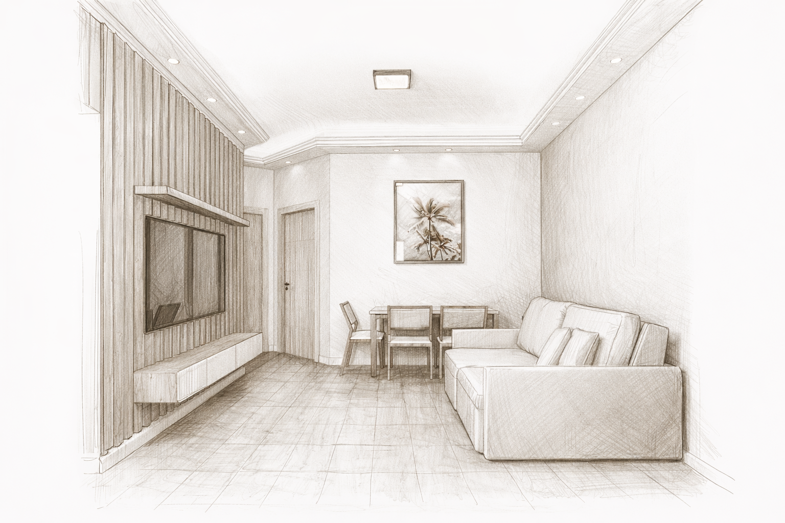 Rascunho artístico de sala de apartamento moderno com sofá, painel de TV e mesa de jantar em Prado, Bahia.